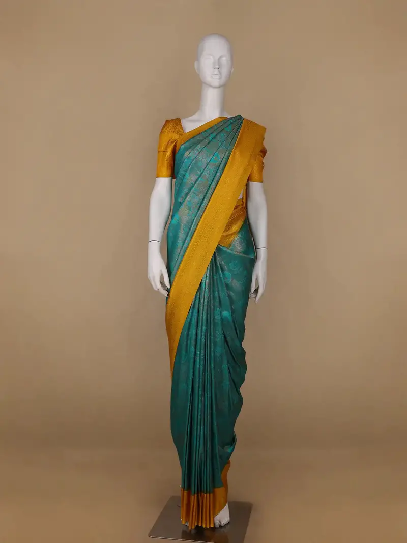 Teal Blue Floral Designed Soft Silk Saree 1