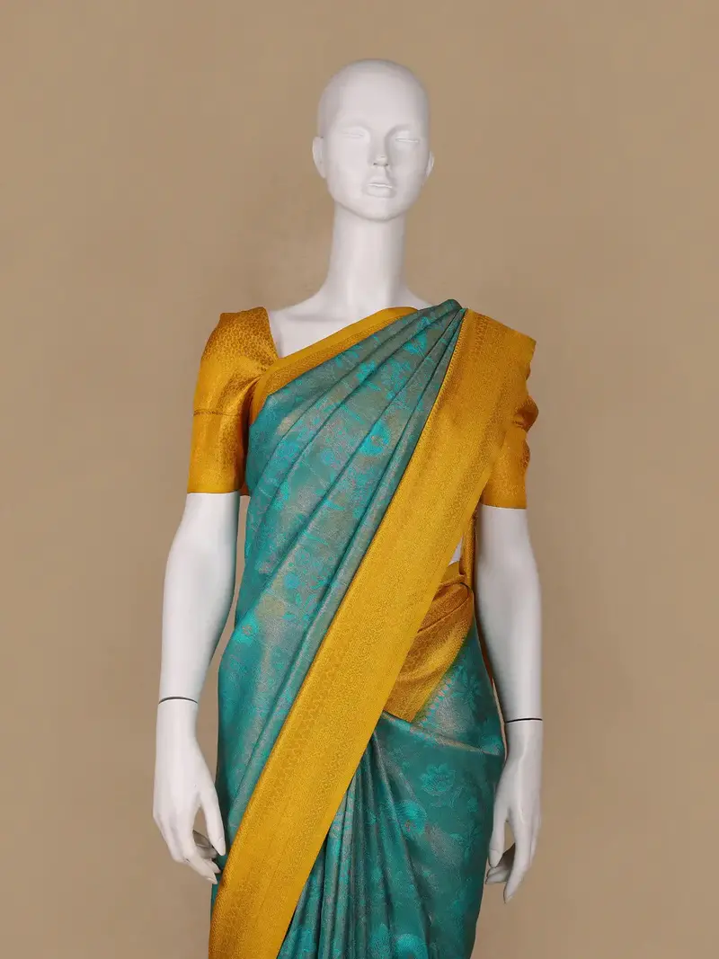 Teal Blue Floral Designed Soft Silk Saree 2