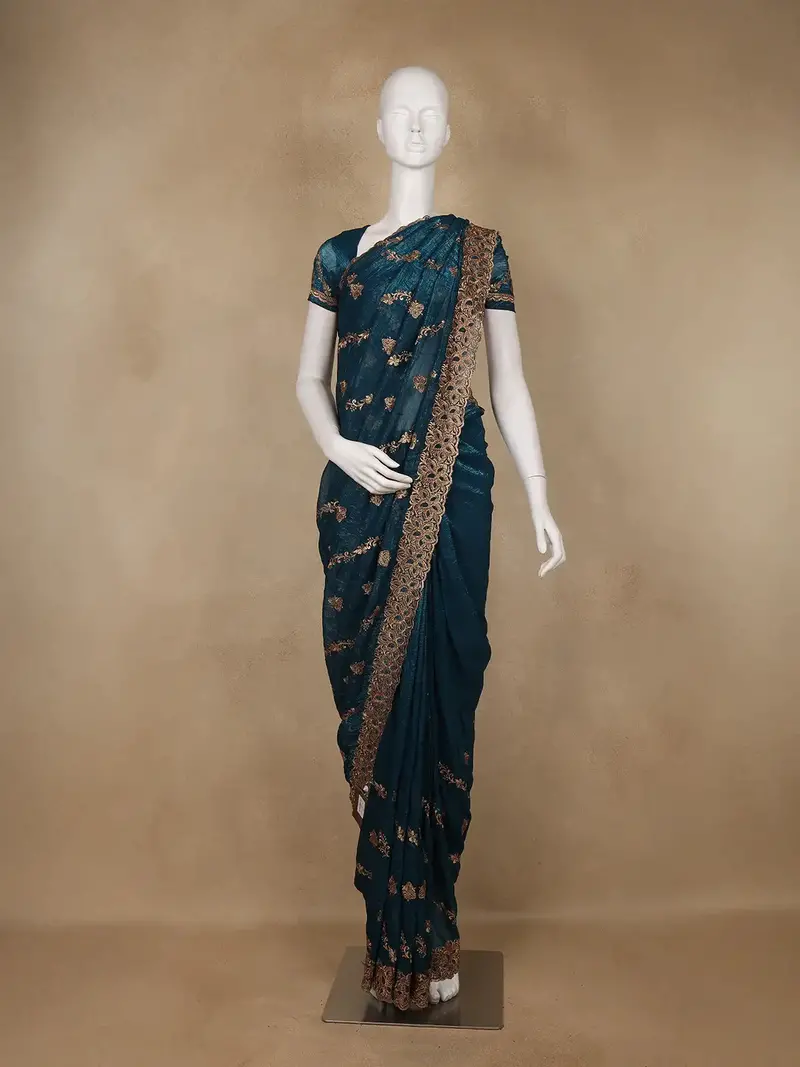 Teal Blue Floral Embellished Chiffon Saree 1