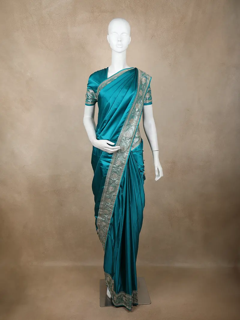 Teal Blue Floral Embellished Design Satin Saree 1