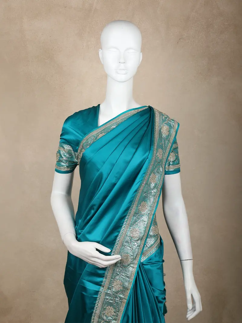 Teal Blue Floral Embellished Design Satin Saree 2