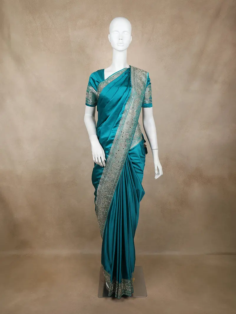 Teal Blue Floral Embellished Design Satin Saree With Heavy Stone Work And Designer Embroidered Border 1