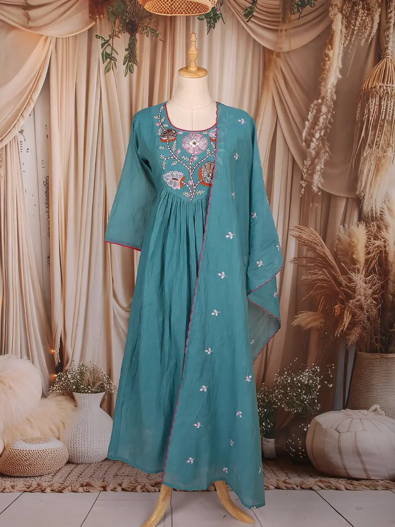 Teal Blue Floral Embroidered Cotton Salwar With Dupatta 1
