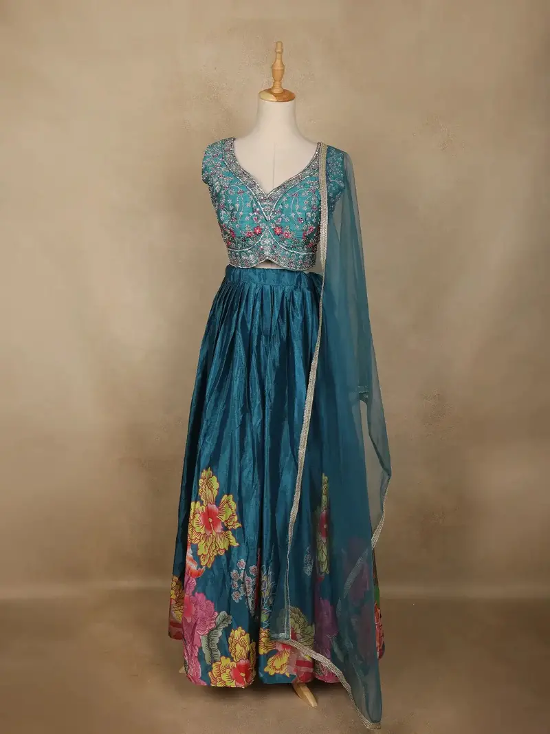 Teal Blue Floral Embroidered Design Chiffon Lehenga 1