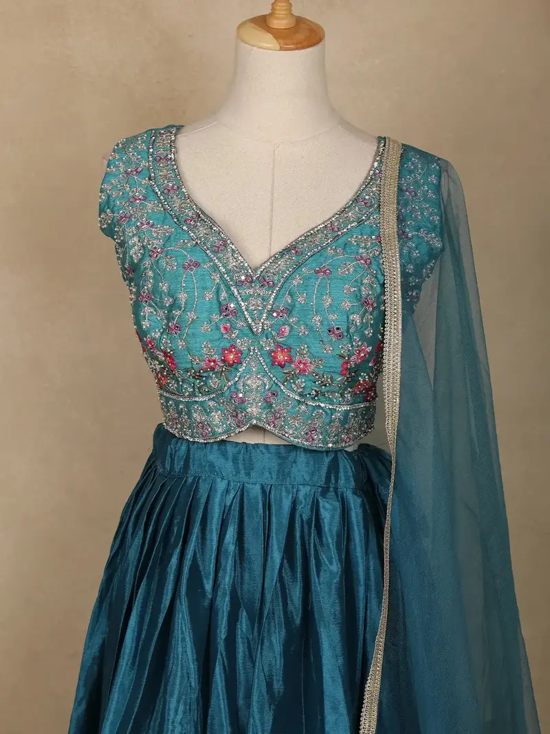 Teal Blue Floral Embroidered Design Chiffon Lehenga 2