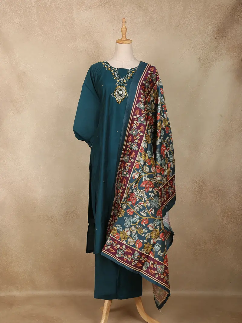Teal Blue Floral Embroidered Design Cotton Straight Cut Salwar Suit 1