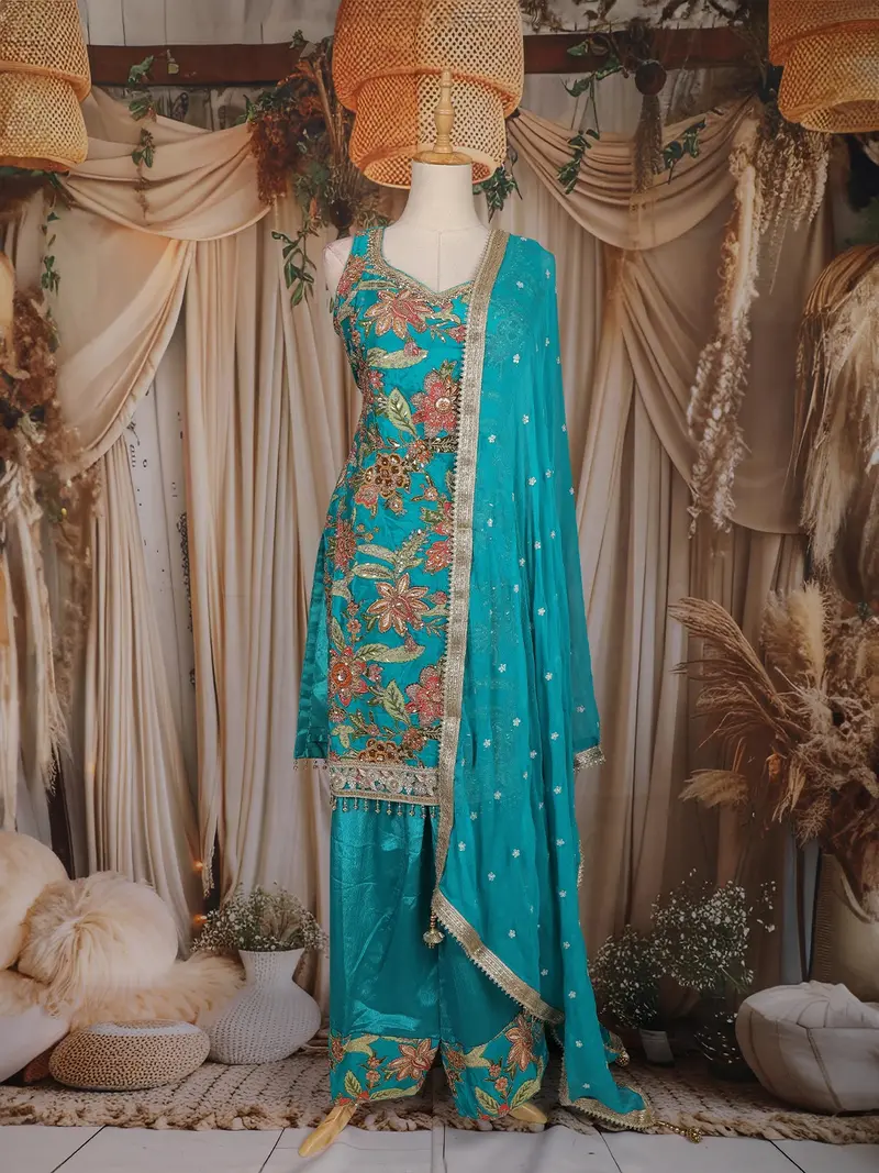 Teal Blue Floral Embroidered Design Raw Silk Palazzo Suit With Dupatta 1