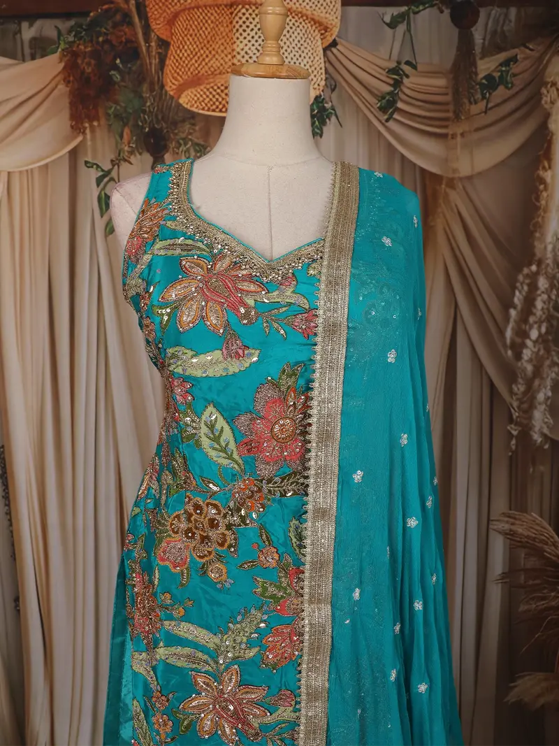 Teal Blue Floral Embroidered Design Raw Silk Palazzo Suit With Dupatta 2