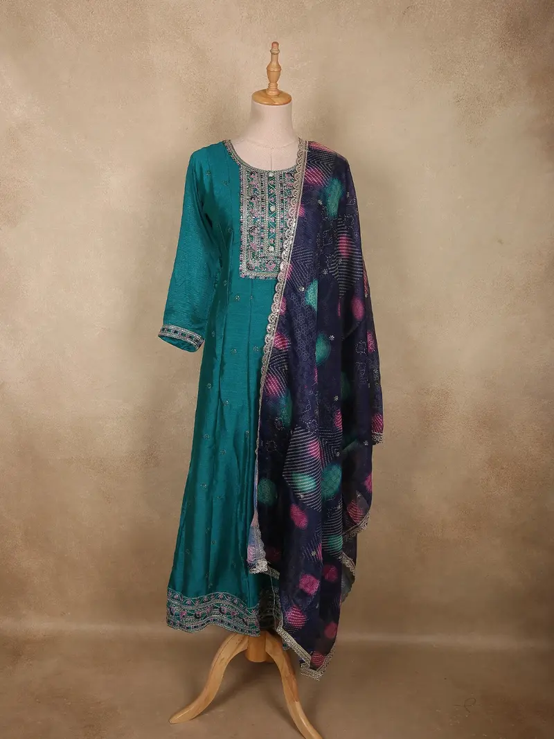 Teal Blue Floral Embroidered Design Silk Anarkali Salwar Suit With Contrast Dupatta 1