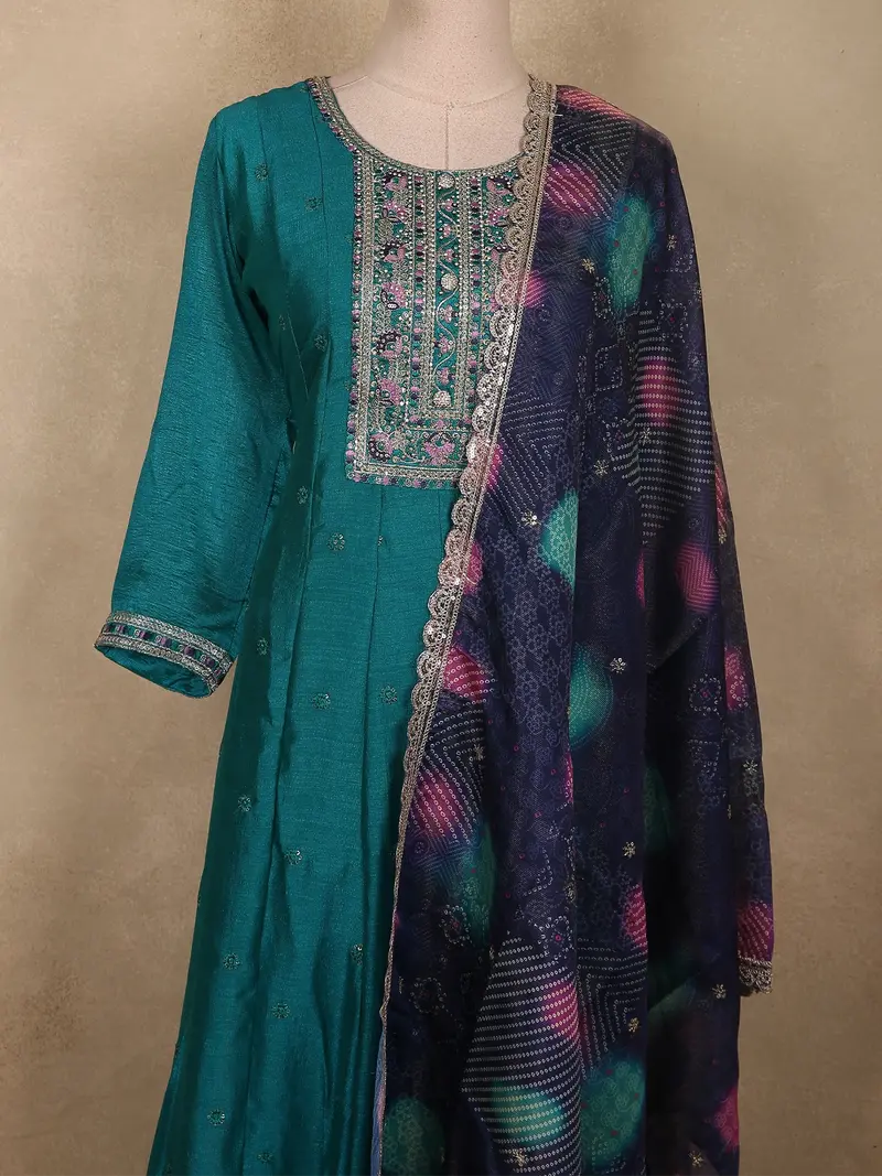 Teal Blue Floral Embroidered Design Silk Anarkali Salwar Suit With Contrast Dupatta 2