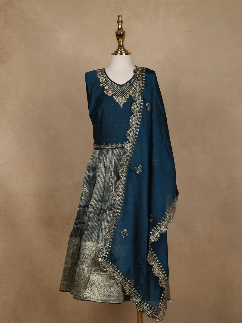 Teal Blue Floral Embroidered Design Silk Blend Pattu Pavadai 1