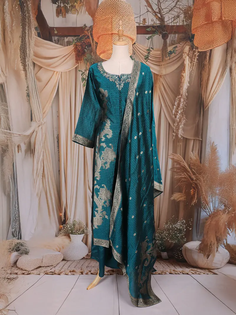 Teal Blue Floral Embroidered Design Tussar Palazzo Suit 1