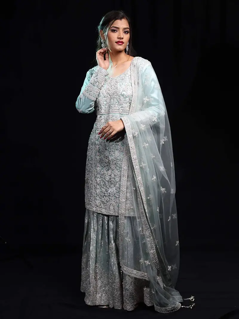 Teal Blue Floral Embroidered Net Sharara Salwar Suit 1