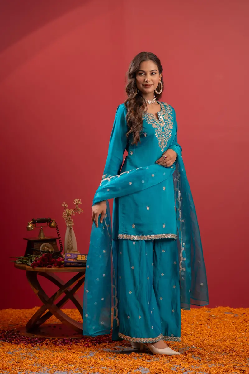 Teal Blue Floral Embroidered Silk Palazzo Suit And Dupatta 1