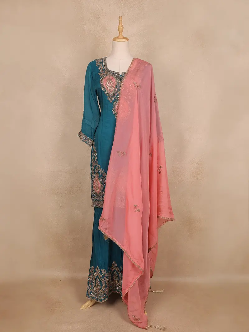 Teal Blue Floral Embroidered Silk Sharara Suit 1