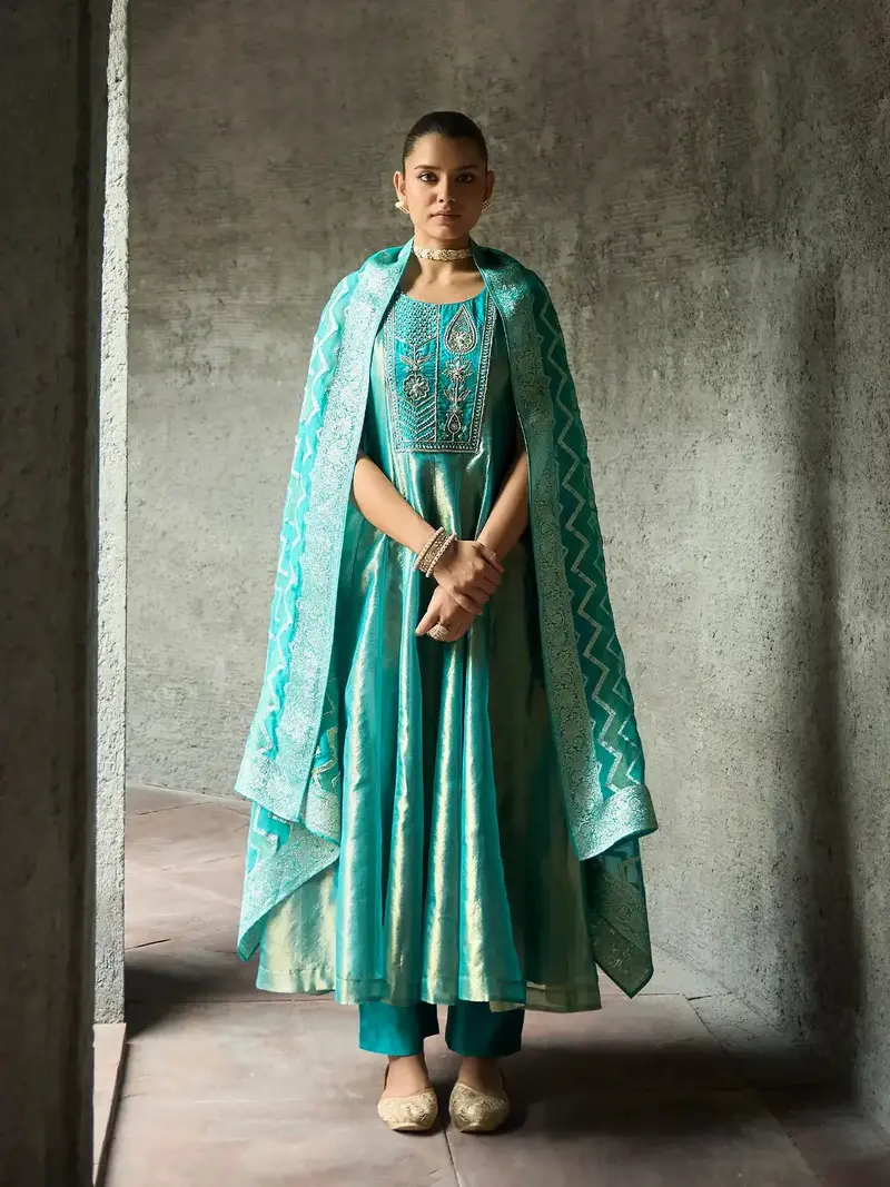Teal Blue Floral Embroidered Tissue Silk Anarkali Salwar Suit 1