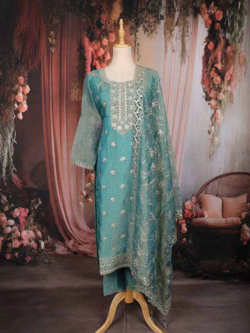 Teal Blue Floral Embroidered Tissue Silk Straight Cut Salwar Suit With Dupatta 1