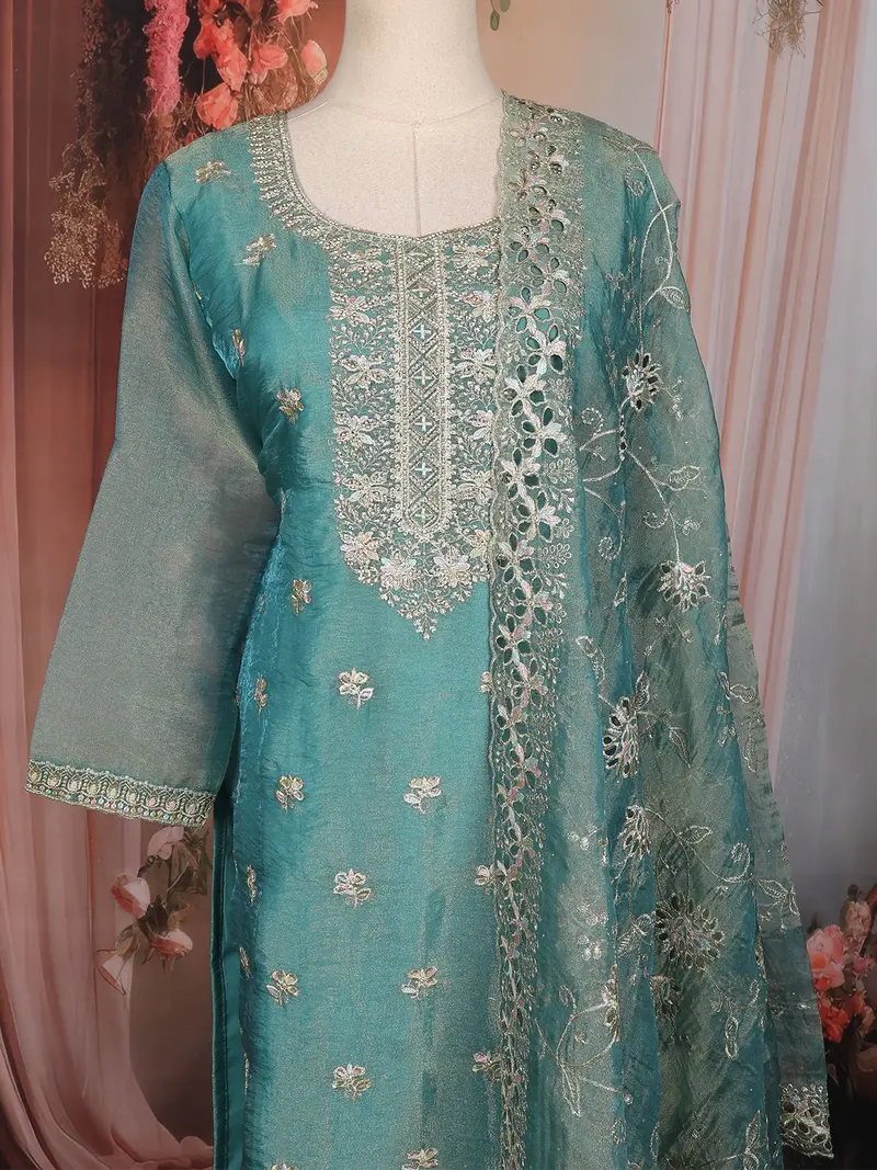 Teal Blue Floral Embroidered Tissue Silk Straight Cut Salwar Suit With Dupatta 2