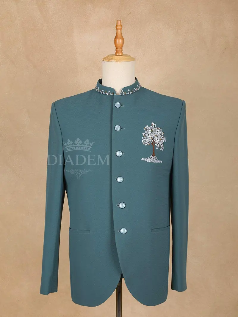 Teal Blue Floral Jodhpuri Men's Suit 1
