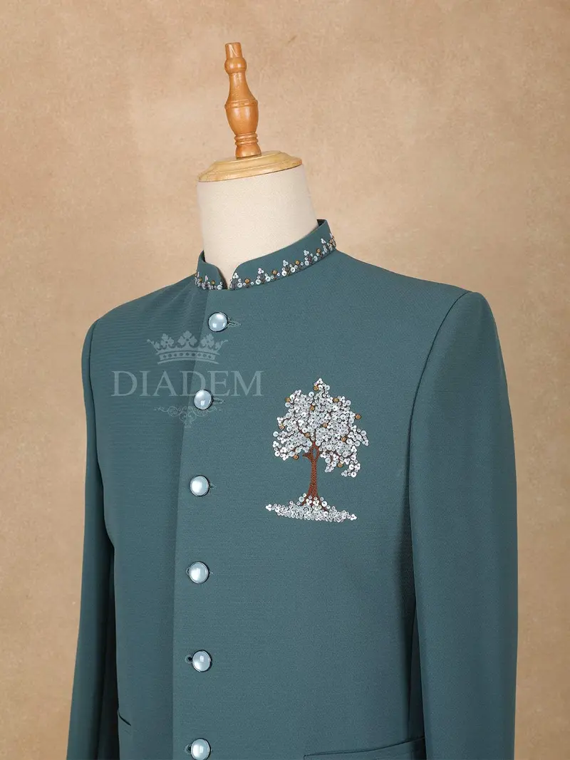 Teal Blue Floral Jodhpuri Men's Suit 2
