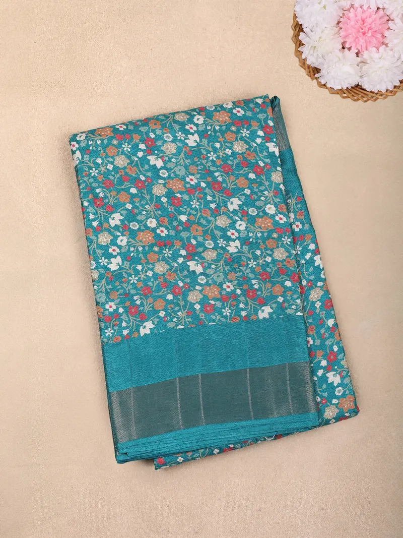 Teal Blue Floral Printed Chanderi Cotton Saree With Contrast Border 1