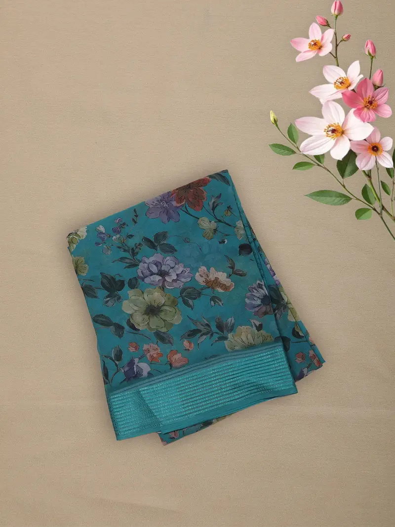 Teal Blue Floral Printed Chiffon Saree With Self Woven Border 1