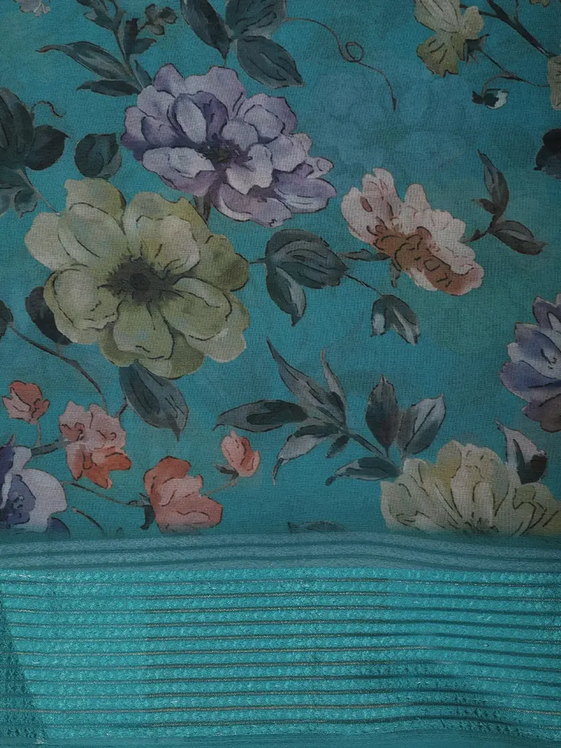 Teal Blue Floral Printed Chiffon Saree With Self Woven Border 2