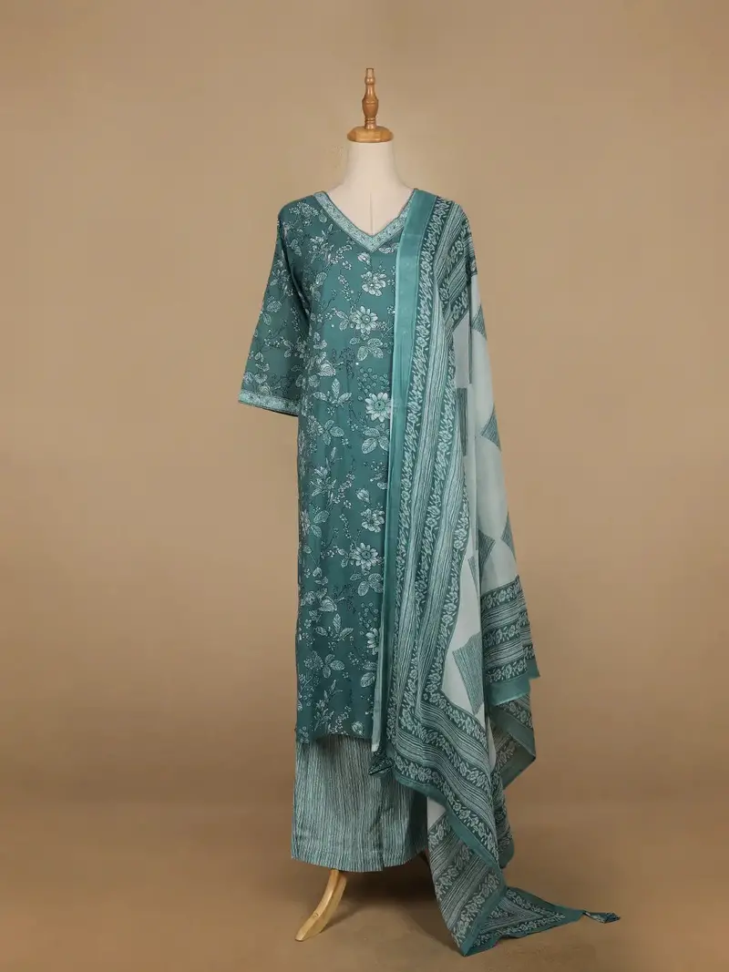 Teal Blue Floral Printed Cotton Salwar Suit 1