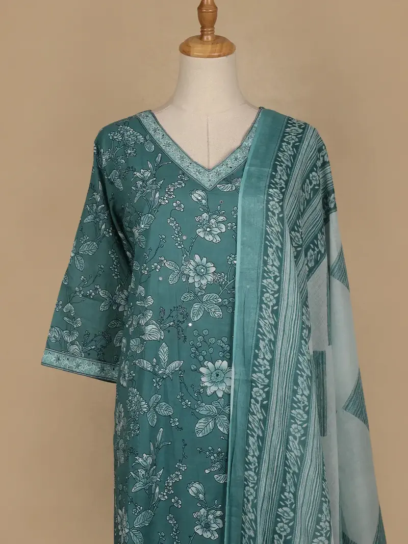 Teal Blue Floral Printed Cotton Salwar Suit 2