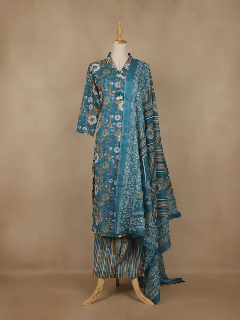 Teal Blue Floral Printed  Cotton Salwar Suit With Dupatta 1