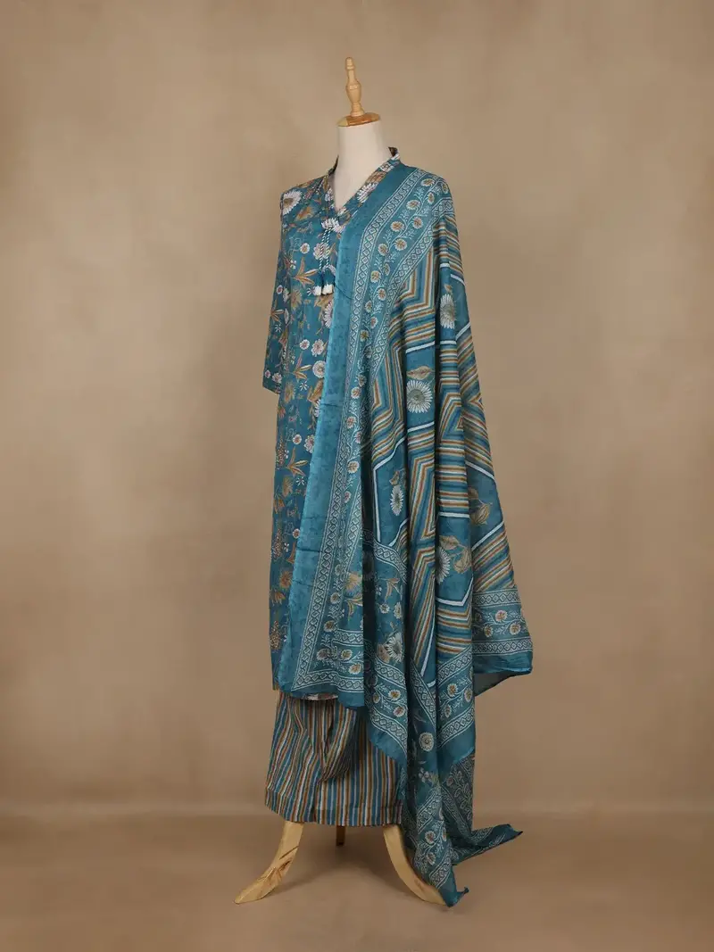 Teal Blue Floral Printed Cotton Salwar Suit With Dupatta 3