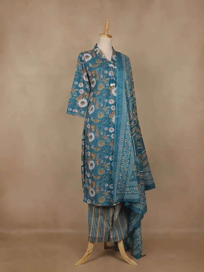 Teal Blue Floral Printed Cotton Salwar Suit With Dupatta 4