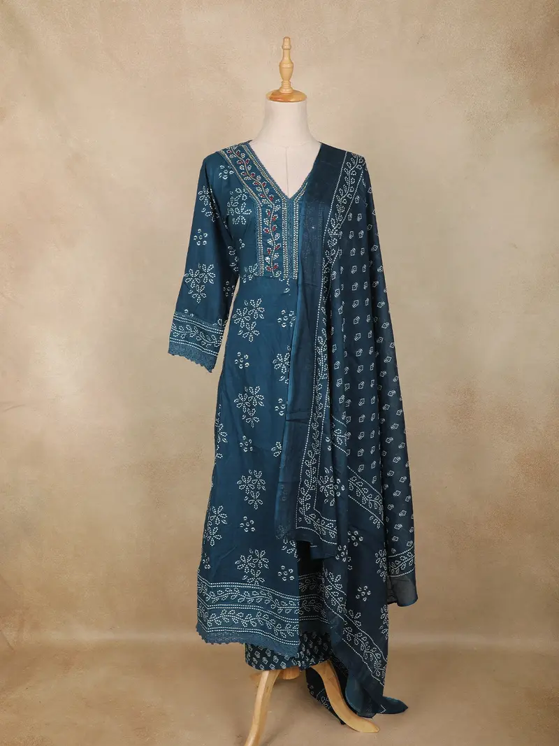 Teal Blue Floral Printed Design Anarkali Cotton Salwar Suit 1