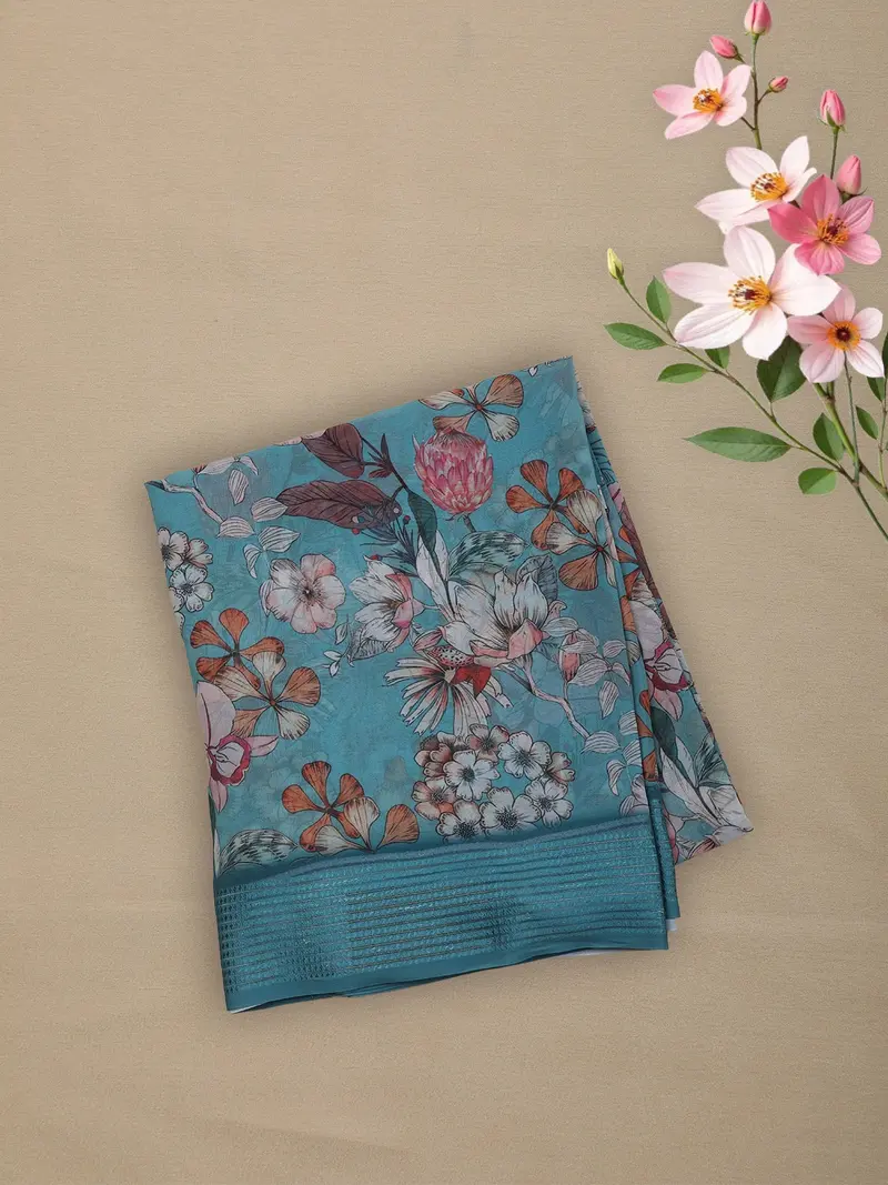 Teal Blue Floral Printed Design Chiffon Saree 1