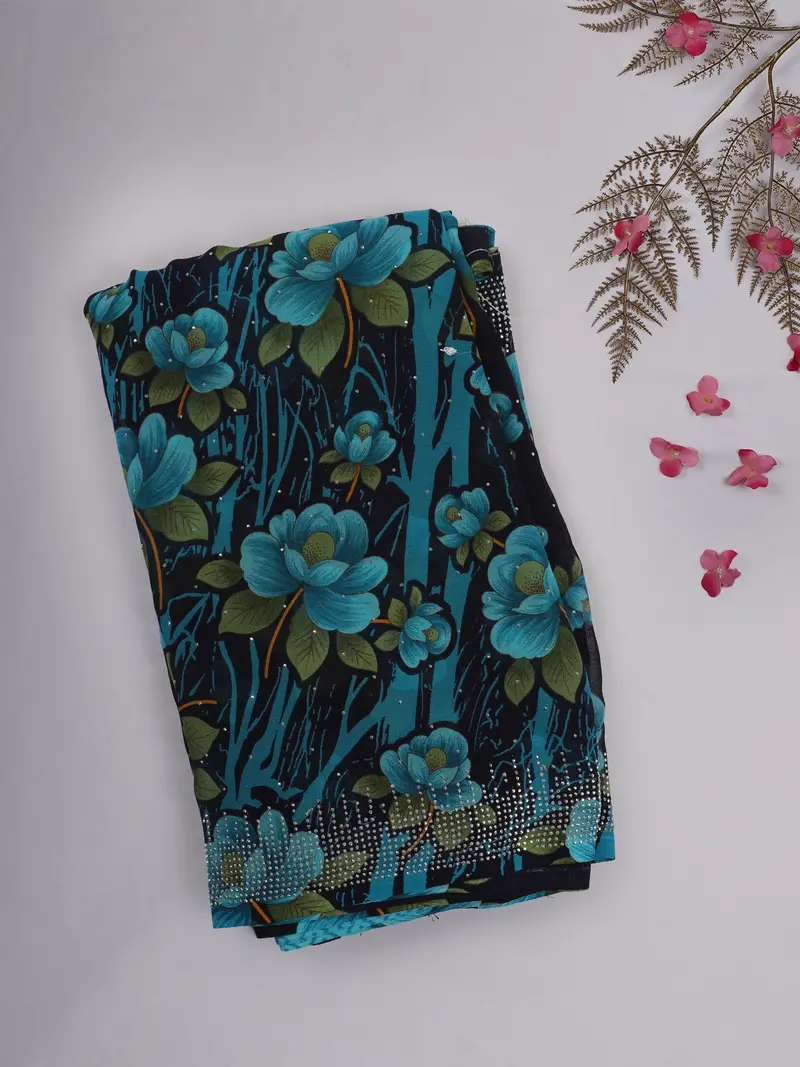 Teal Blue Floral Printed Design Chiffon Saree With Stone Embellished Border 1