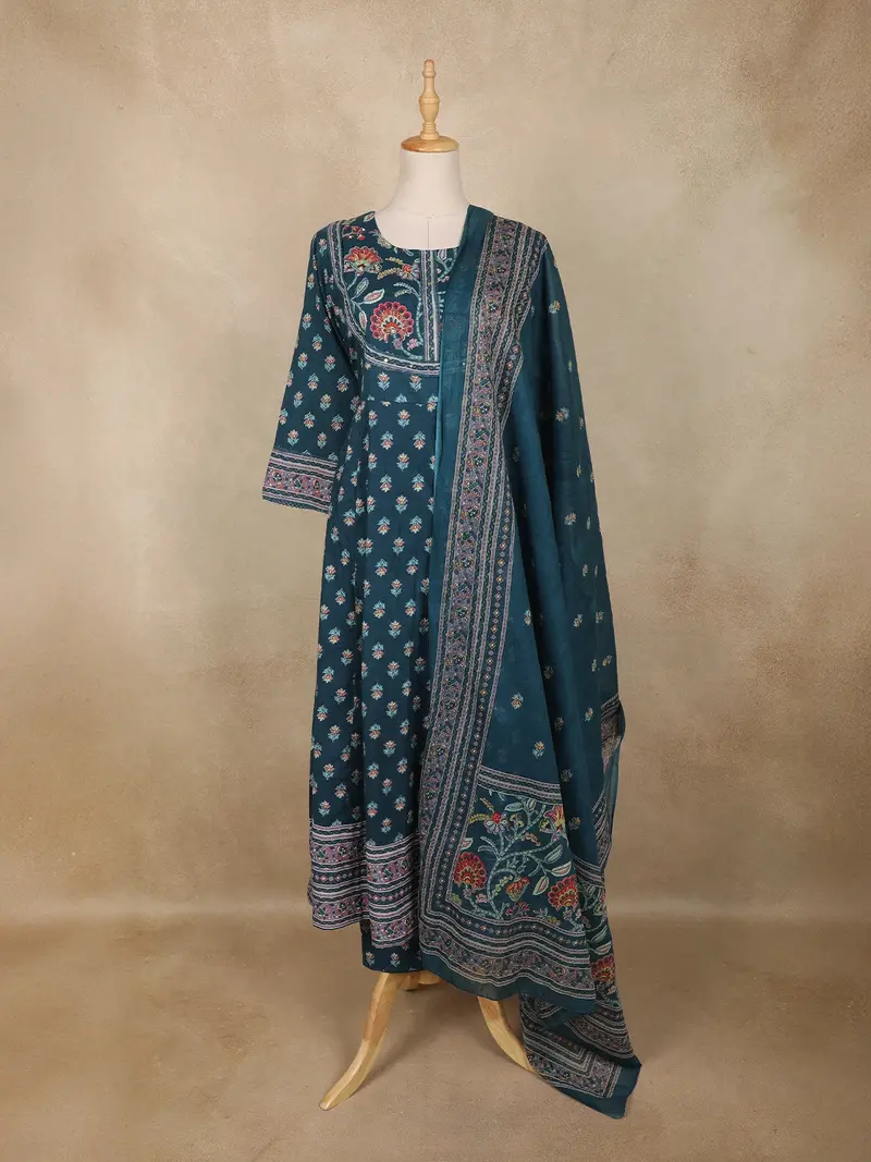 Teal Blue Floral Printed Design Cotton Anarkali Salwar Suit 1
