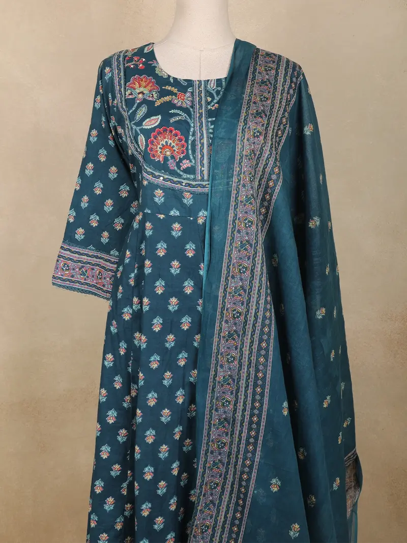Teal Blue Floral Printed Design Cotton Anarkali Salwar Suit 2