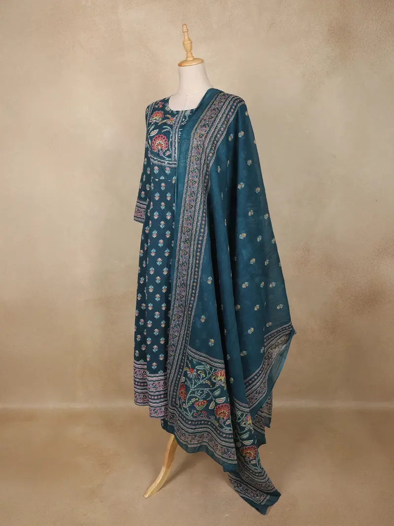 Teal Blue Floral Printed Design Cotton Anarkali Salwar Suit 3