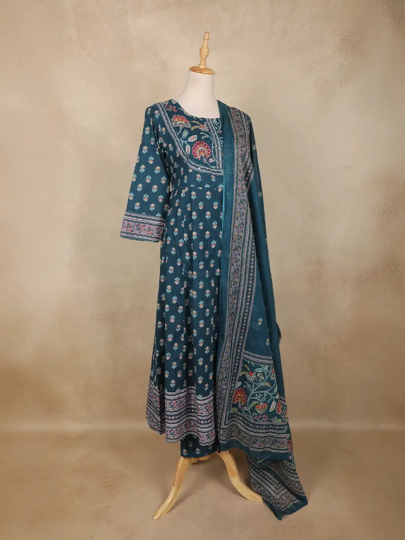 Teal Blue Floral Printed Design Cotton Anarkali Salwar Suit 4