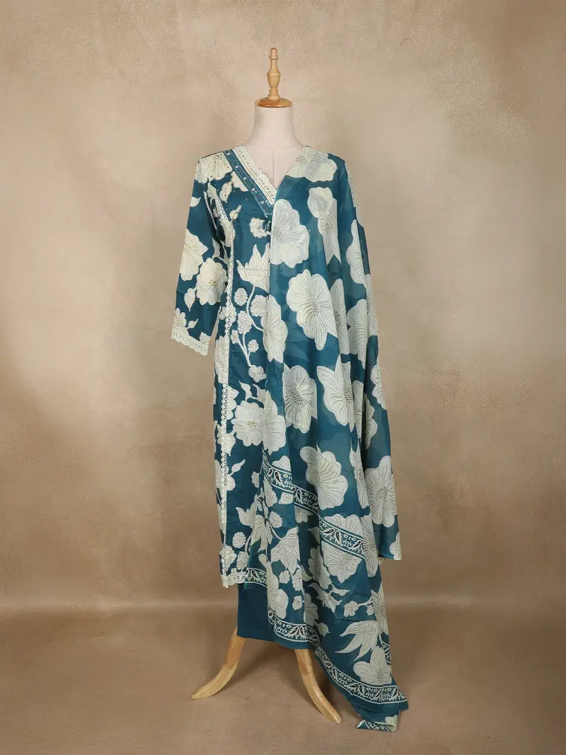 Teal Blue Floral Printed Design Cotton Anarkali Salwar Suit With Dupatta 1