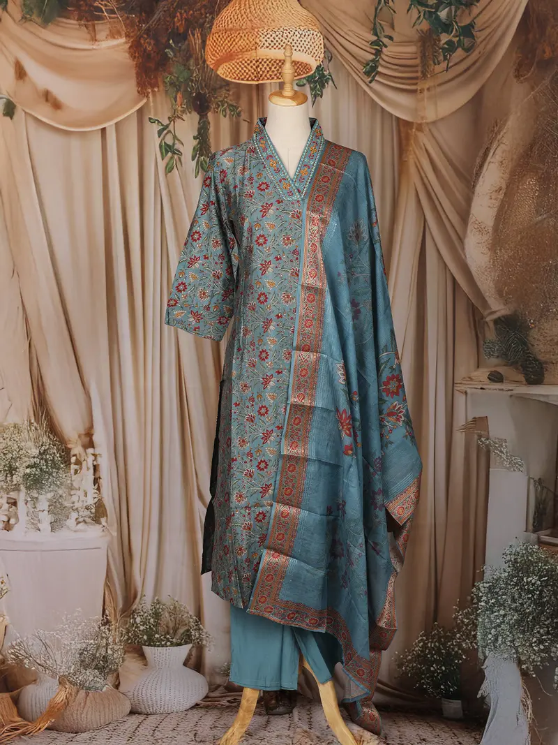 Teal Blue Floral Printed Design Cotton Straight Cut Salwar Suit 1
