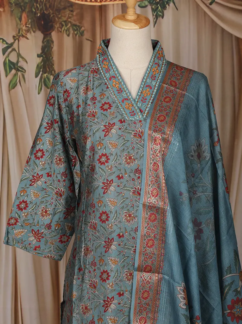 Teal Blue Floral Printed Design Cotton Straight Cut Salwar Suit 2