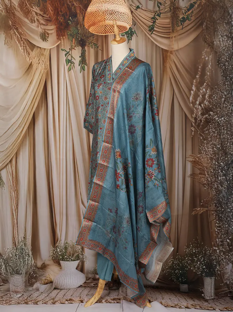 Teal Blue Floral Printed Design Cotton Straight Cut Salwar Suit 3