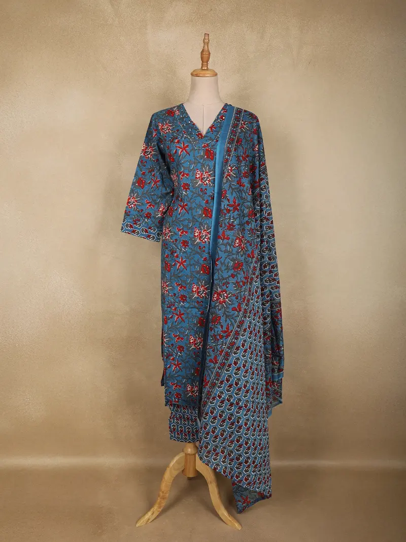 Teal Blue Floral Printed Design Cotton Straight Cut Salwar Suit With Dupatta 1