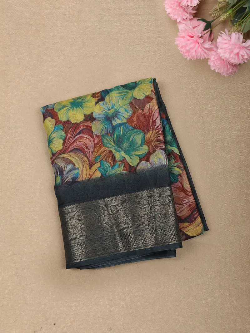 Teal Blue Floral Printed Design Crepe Silk Casual Wear Saree With Contrast Zari Border 1