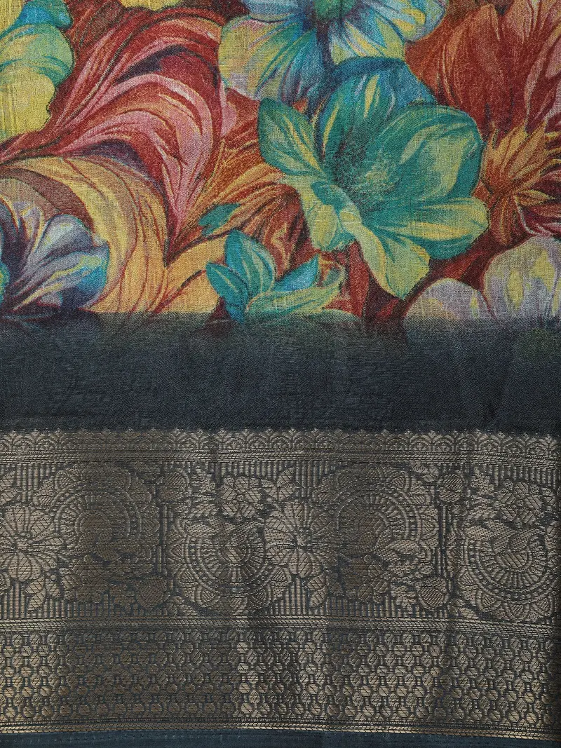 Teal Blue Floral Printed Design Crepe Silk Casual Wear Saree With Contrast Zari Border 2