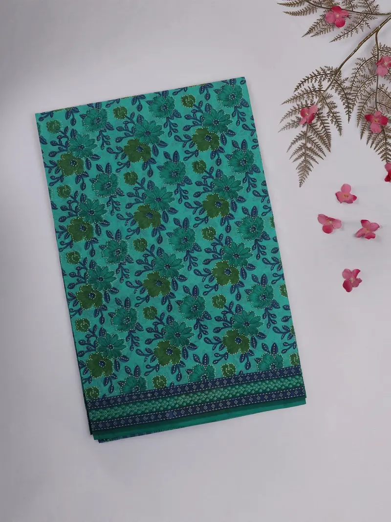Teal Blue Floral Printed Design Karishma Cotton Saree 1
