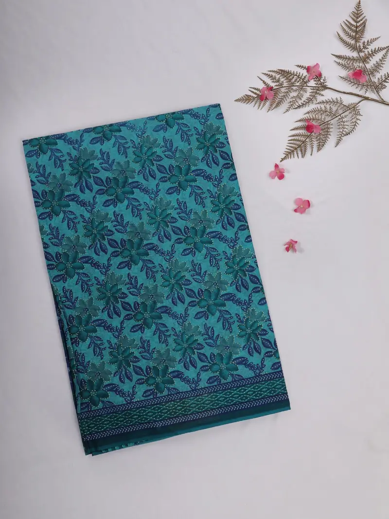 Teal Blue Floral Printed Design Karishma Cotton Saree 1