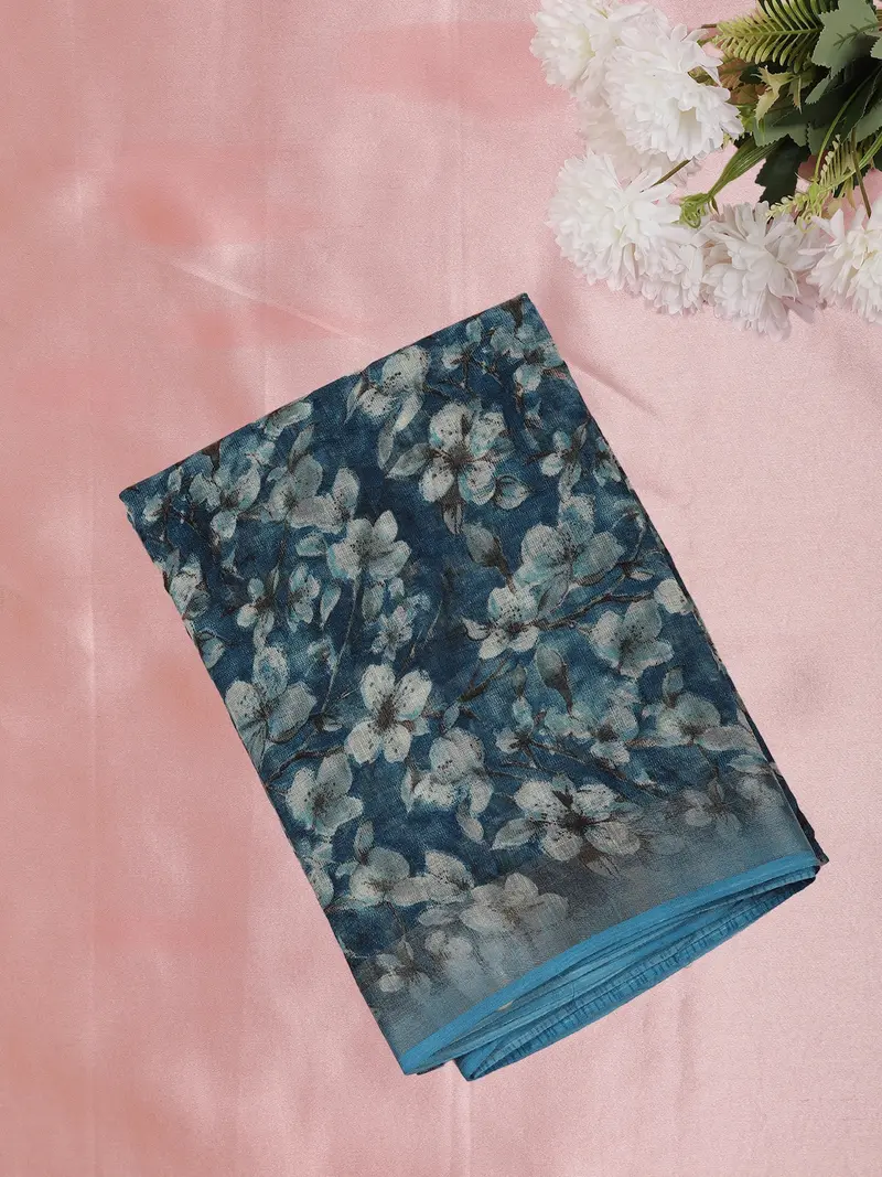Teal Blue Floral Printed Design Linen Cotton Saree 1