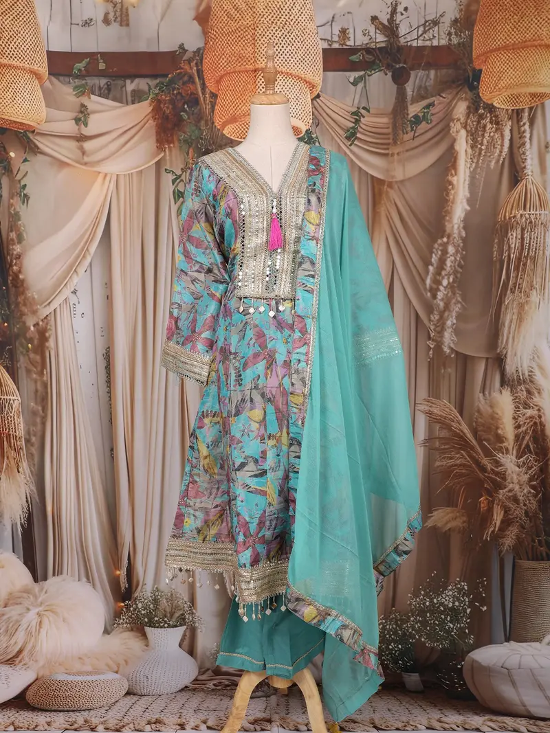 Teal Blue Floral Printed Design Tissue Silk Anarkali Salwar Suit 1